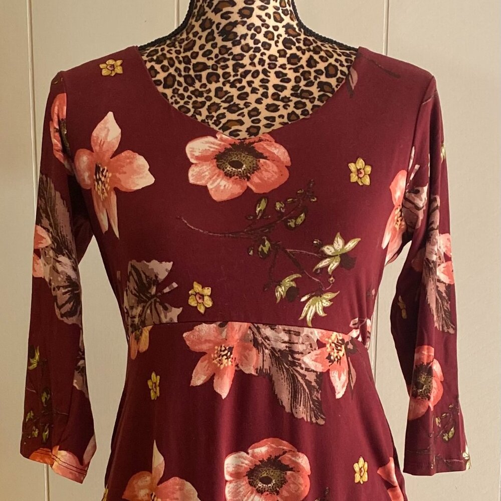 Loveappella Wmns Burgundy Floral V-Neck 3/4 Sleeve Midi Dress MS6382-P035 Size M